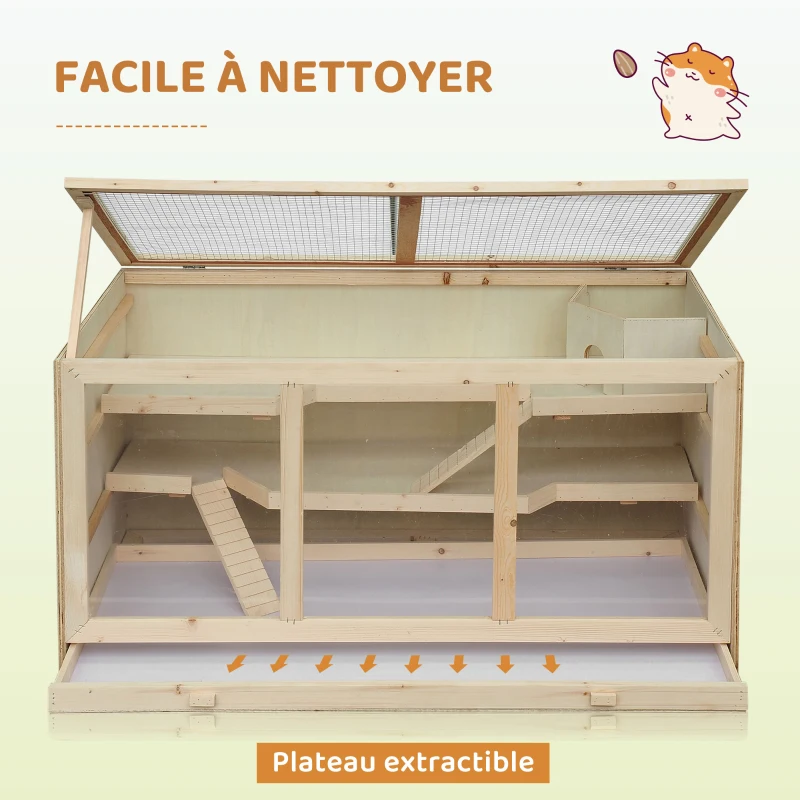 PawHut Cage à hamster cage gerbilles 2 niveaux toit ouvrable fenêtres cabane 2 échelle, 115 x 57 x 55 cm, effet bois naturel