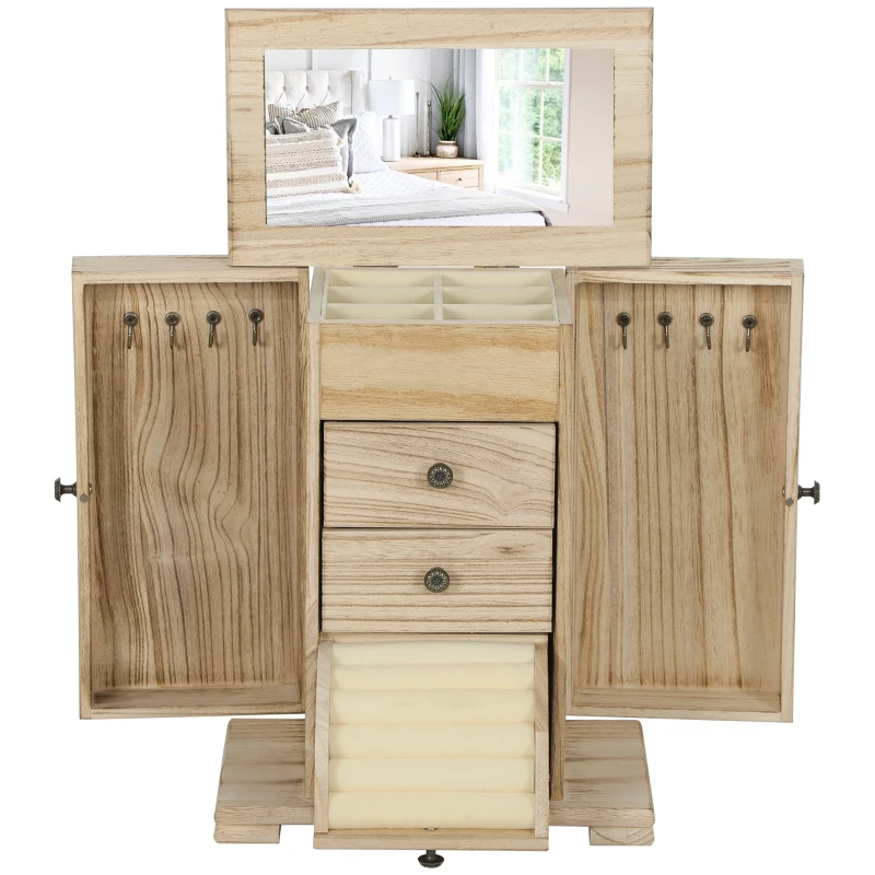 HOMCOM Cutie pentru bijuterii femei pe 4 nivele, cofret pentru bijuterii cu aripi, oglindă și 2 sertare, 26,5 x 16 x 33,5 cm, maro