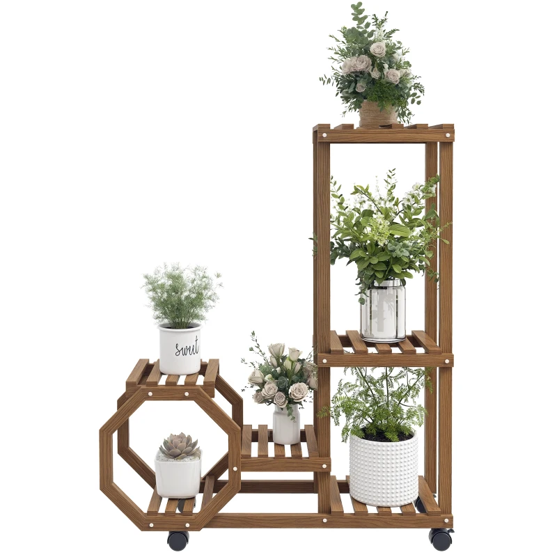 Outsunny Estante para Vasos de 5 Níveis Suporte para Vasos de Plantas de Madeira Suporte para Plantas com Rodas 86x30x102 cm Marrom Carbonizado