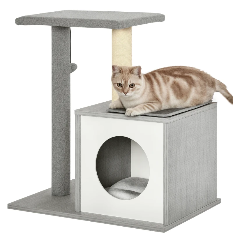 PawHut Holz Kratzbaum Katzenbaum Kletterbaum für Katzen, Kätzchen Möbel mit Katzenhöhle, Spielhaus, Katzenspielzeug und Plüschkissen Grau&Weiß 59x39x62 cm