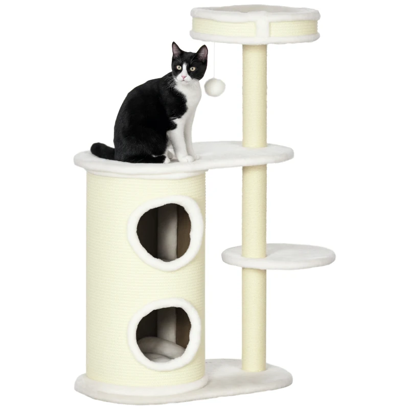 PawHut Kratzbaum mit Kratztonne, 1 Katzenbett und Katzenspielzeug, 59 cm x 35 cm x 100 cm, Cremeweiß