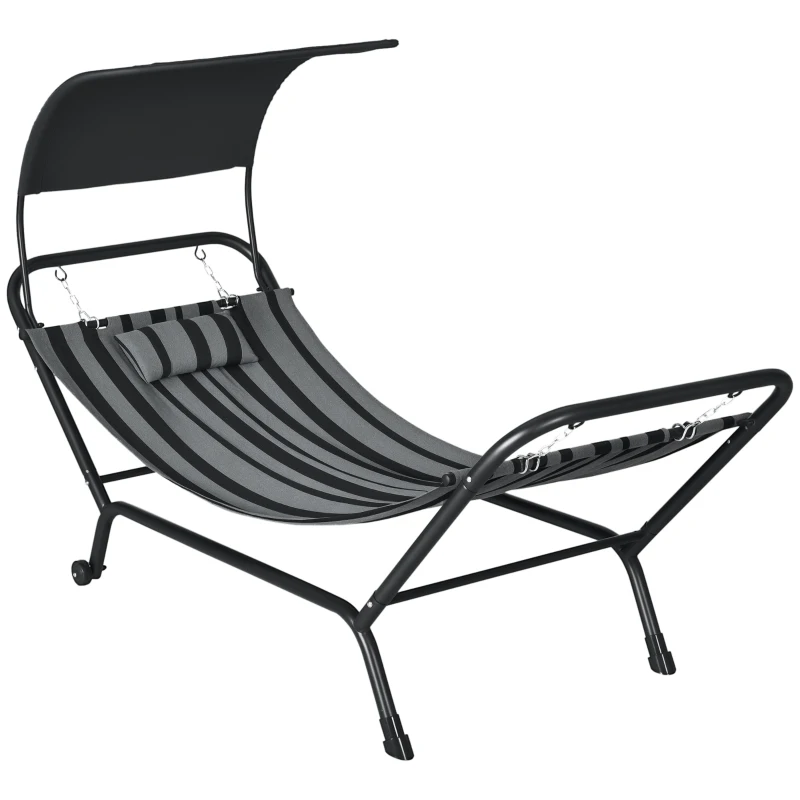 Outsunny Şezlong bain de soleil transat din oțel și poliester cu acoperiș și pernă, dim. 240L x 92l x 148H cm