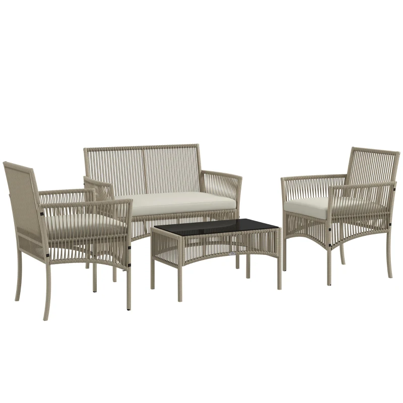 Outsunny Juego de 4 Piezas Muebles de Terraza con 1 Sofá de 2 Plazas 2 Sillones y 1 Mesa de Centro con Encimera de Cristal Caqui