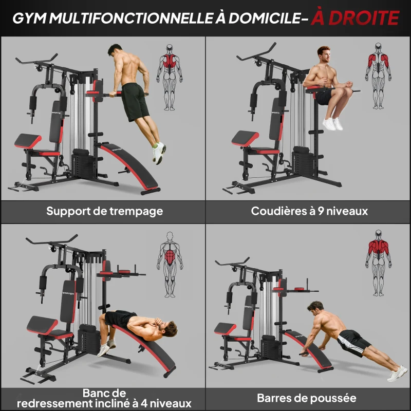 SPORTNOW Station de musculation Multifonction ajustable banc fitness 10 contrepoids 65kg avec filet de protection