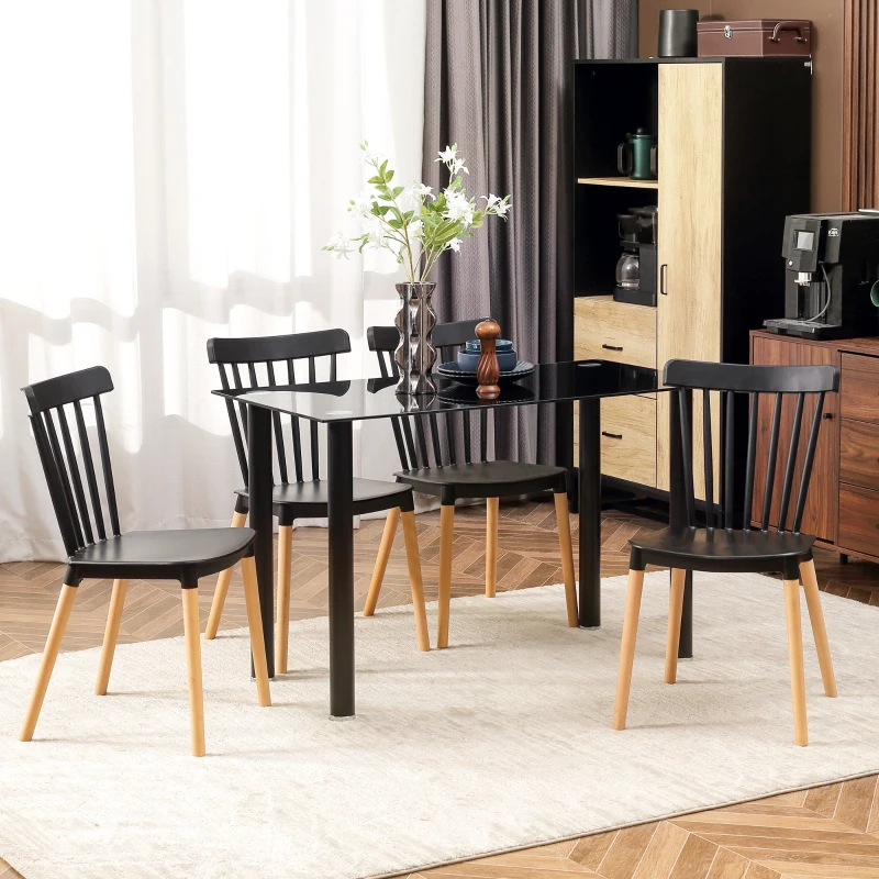 HOMCOM Set de 4 scaune stil scandinav cu spătar înalt, șezut din polipropilenă, picioare din lemn de fag 48 x 52,5 x 83 cm negru