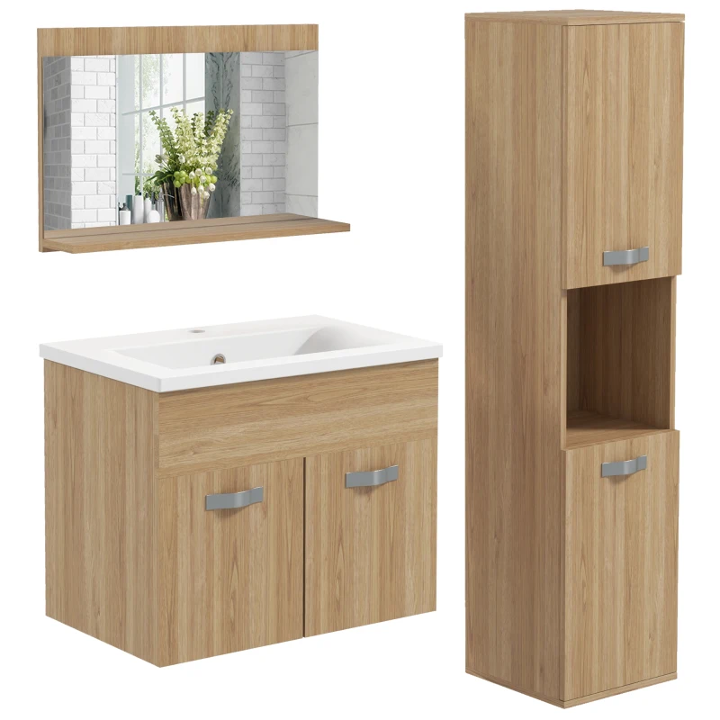 kleankin Set de mobilier de baie oglindă coloană, dulap sub chiuvetă suspendat cu bol + dulap coloană natural