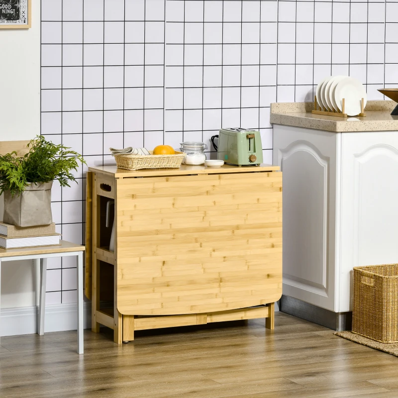 HOMCOM Masă Pliabilă, Masă de Dining, două laturi pliabile, două rafturi, picioare reglabile, bambus, 149,5 x 80 x 73,5 cm