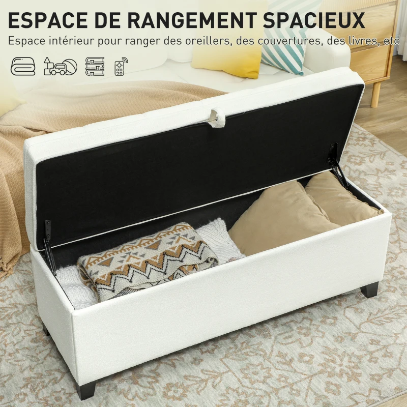 HOMCOM Banc de rangement 112L banquette bout de lit en tissu de lin, siège capitonné, 120 x 40 x 48 cm, crème