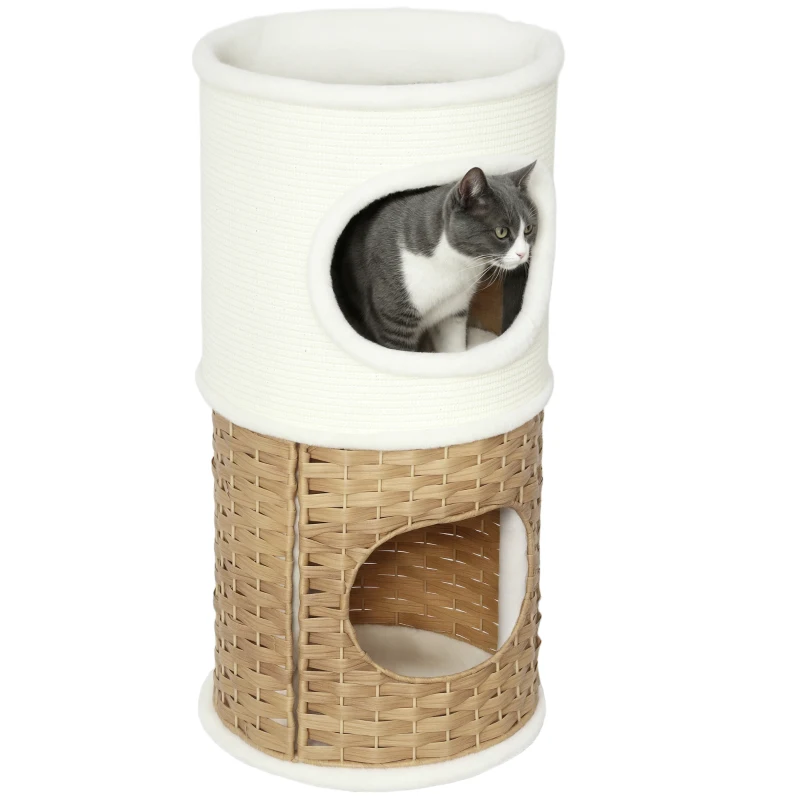 PawHut Niche pour chat d'intérieur à 3 niveaux, tour pour chat avec griffoir en sisal à griffer Ø 40 x 80 cm, crème
