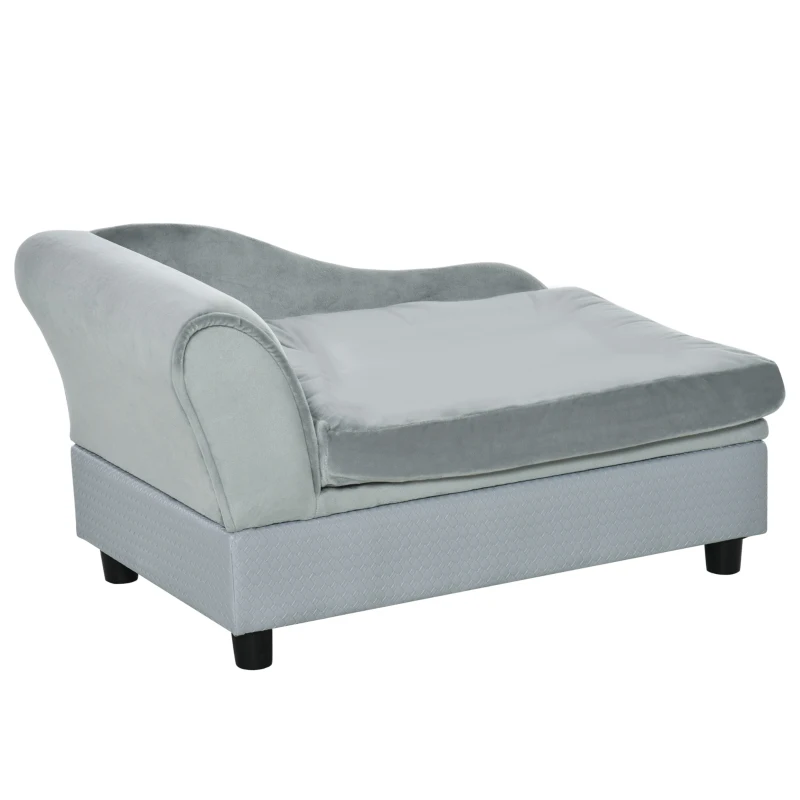 PawHut Sofá para Cães Pequenos Sofá para Gatos Estofado em Veludo com Arrumação Oculta e Almofada Lavável 76x45x43 cm Cinzento Claro