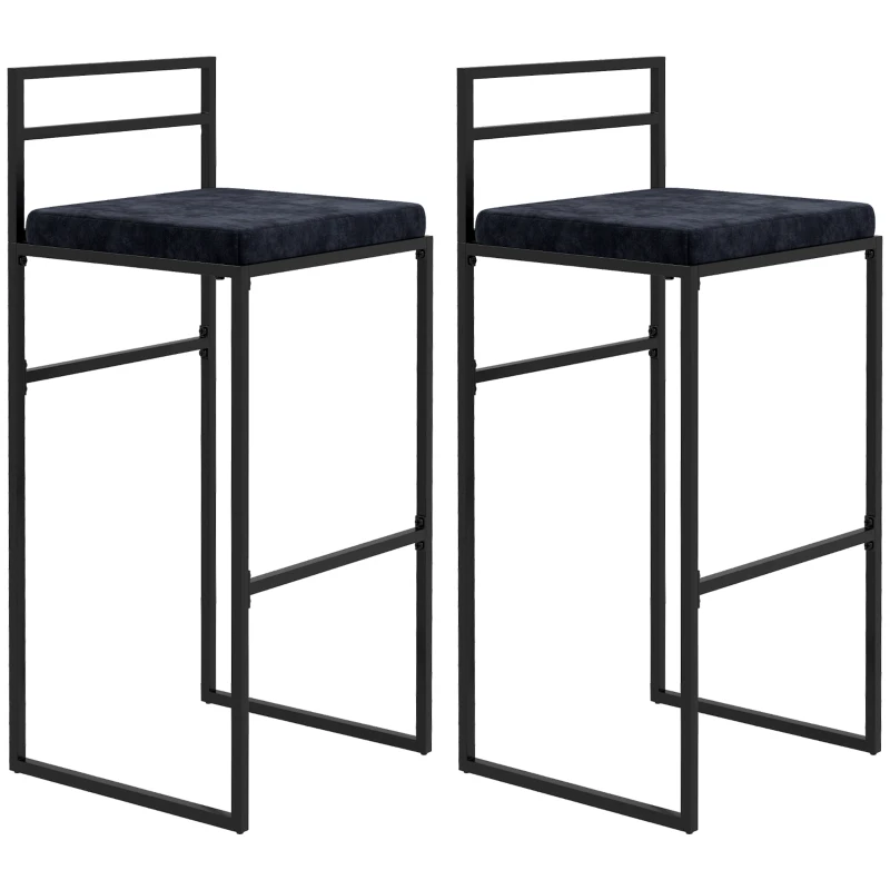 HOMCOM Lot de 2 taburete de bar taburete înalte pernă de șezut din catifea suport pentru picioare înălțime 74 cm negru