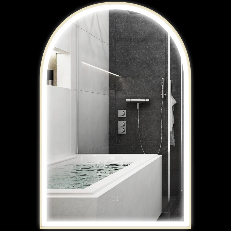 HOMCOM Oglindă de baie LED 90 x 60cm, murală, 3 culori, arcuită cadru din aluminiu, dezmagicire și buton tactil