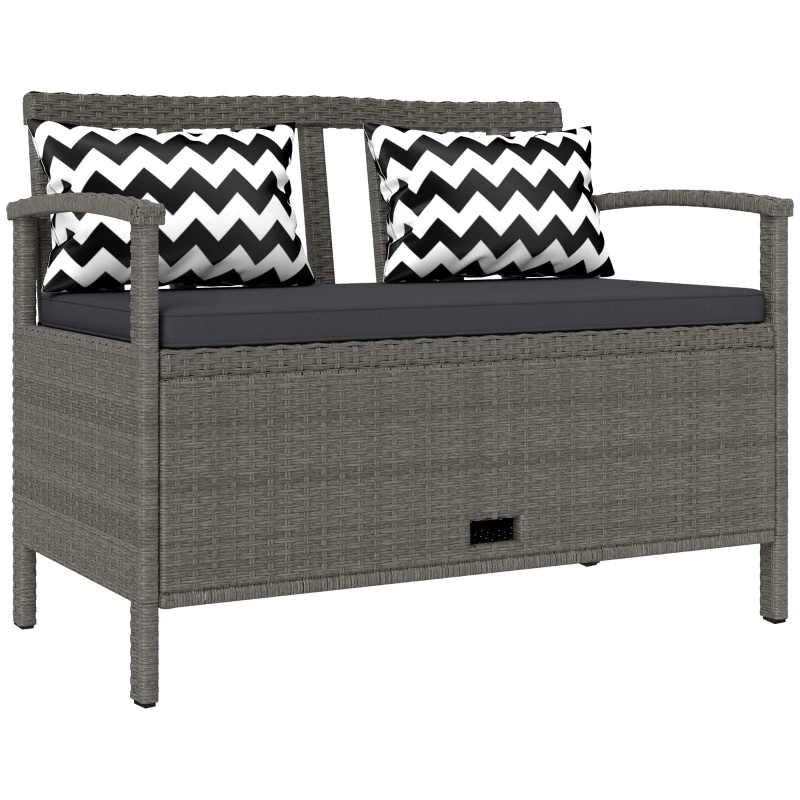 Outsunny Banc extérieur jardin 2 places banc de rangement 160L en rotin PE avec coussin 2 oreillers 112 x 62 x 82 cm gris