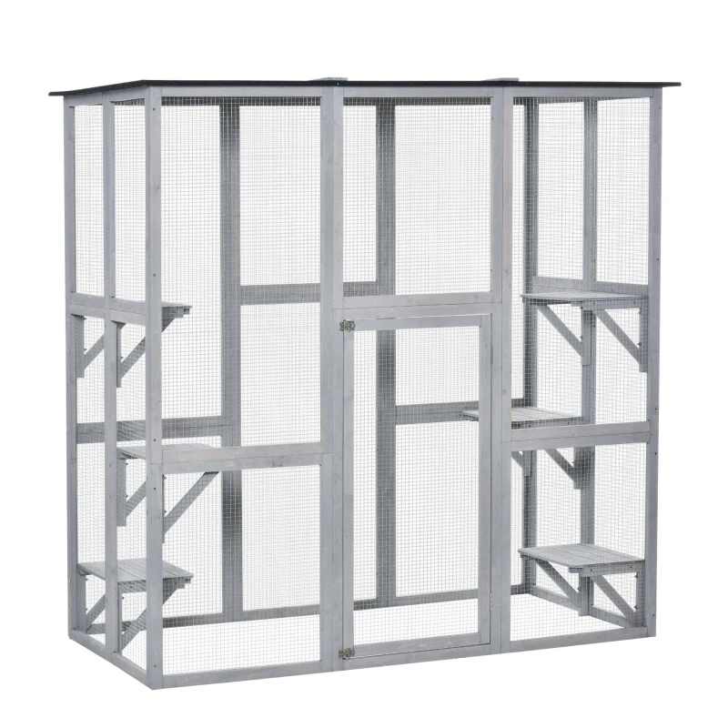 PawHut Wooden Catio Cat Outdoor Enclosure, Cat Cage with Waterproof Roof, Platforms, for Multiple Kittens, 180 x 98 x 180 cm