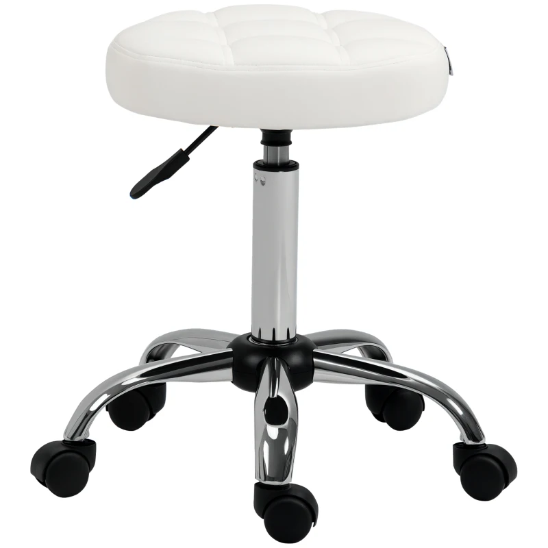 HOMCOM Taburete Giratorio con Ruedas Regulable en Altura de 48-63 cm Taburete de Trabajo Tapizado en Cuero PU para Peluquería Cosmética Dentista Diámetro Ø35,5 cm Blanco