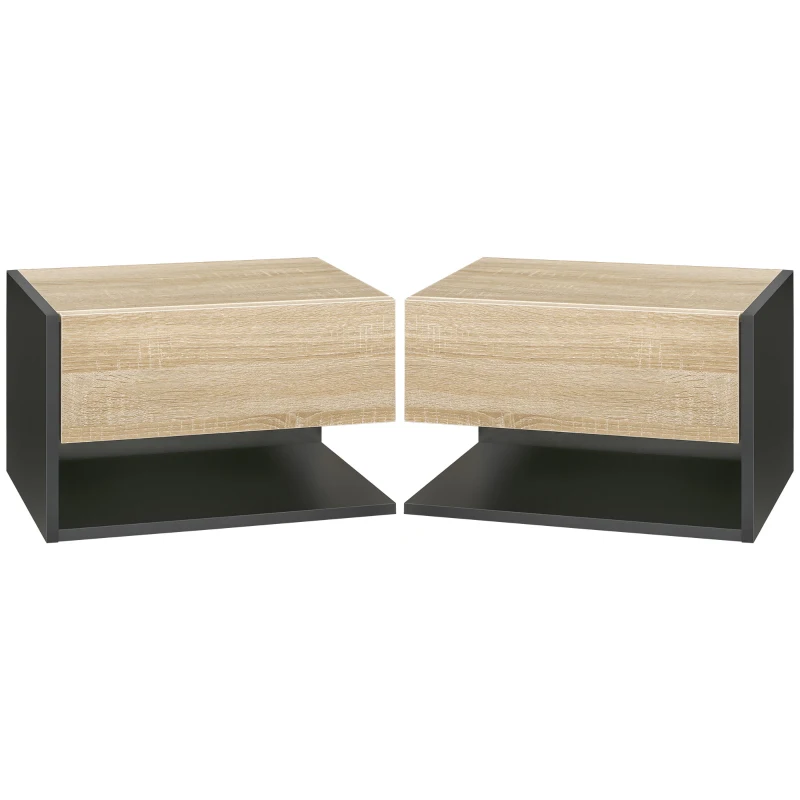 HOMCOM Juego de 2 Mesitas de Noche Flotantes Mesitas de Noche Colgantes con 1 Cajón y Estante Abierto 46x30x30cm Roble y Negro