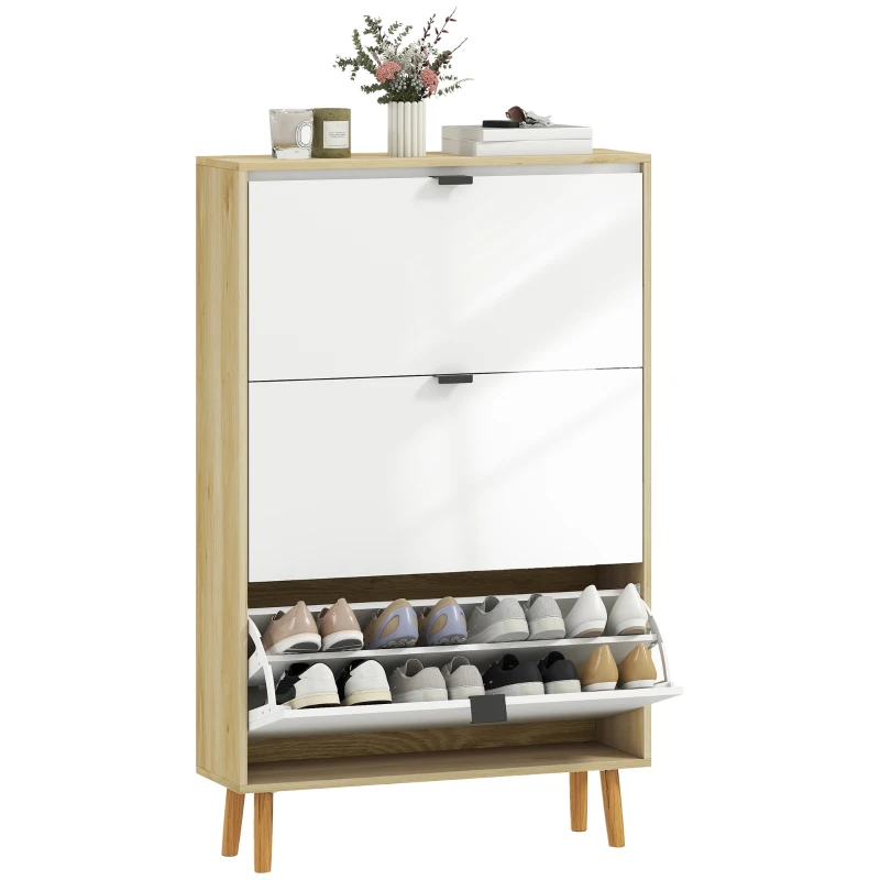 HOMCOM Schuhschrank Slim Moderne mit 3 Klappbare Schubladen für 24 Paar Schuhe, 80x24x127 cm, Glänzendes Weiß