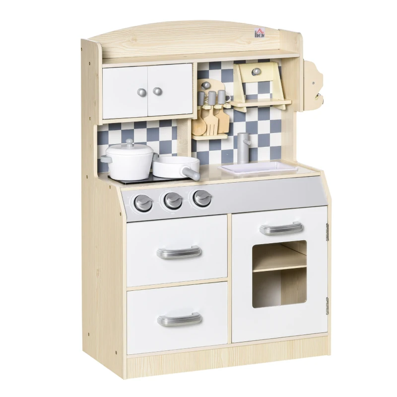 HOMCOM Cocina de Juguete de Madera para Niños +3 Años con 5 Accesorios Cocinita Infantil con 2 Armarios 2 Cajones Grifo Simulado y Soporte para Papel 54,5x29x80 cm Natural