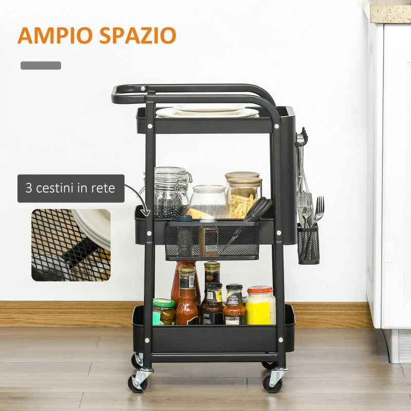 HOMCOM Carrello Portavivande a 3 Livelli con Spazio Multiuso e Ruote, in Acciaio e Plastica PP, 51.5x32x75.6 cm