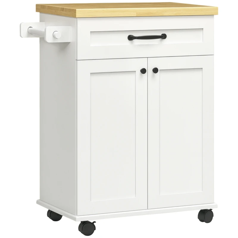 HOMCOM Desserte de cuisine à roulettes multi-rangements 1 tiroir 1 placard 1 portes-torchons blanc et plateau en bois
