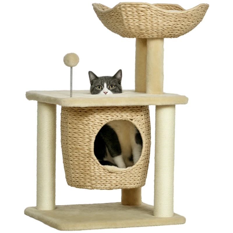 PawHut Kratzbaum mit Katzenhöhle, Liegeplattform, Spielball, 45x40x74cm, Beige(m-10)
