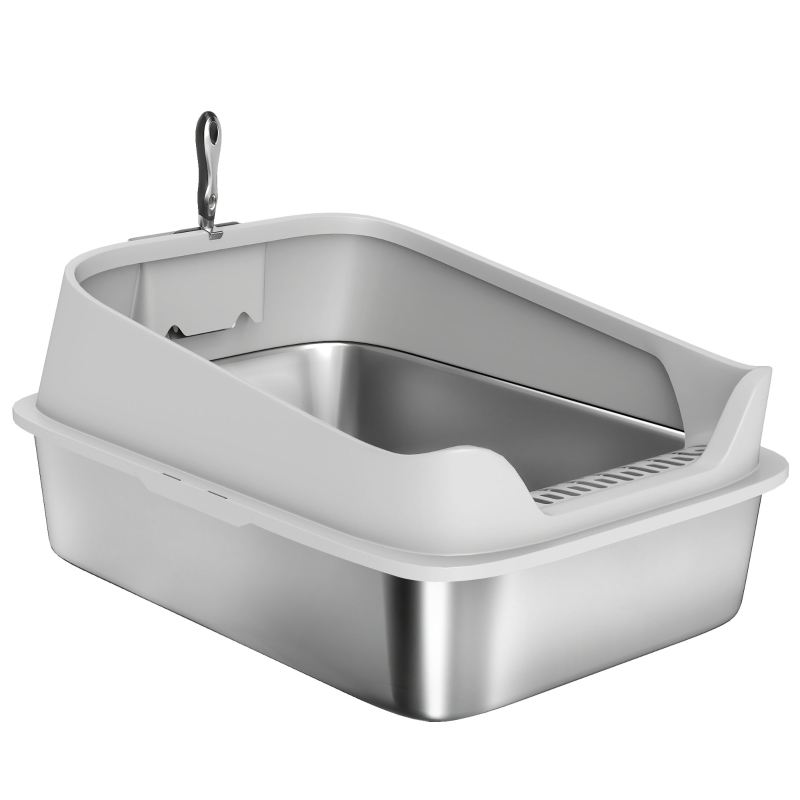 PawHut Arenero para Gatos de Acero Inoxidable XXL con Borde Alto Pala Fácil de Limpiar Prueba de Fugas 70x50x30 cm Gris