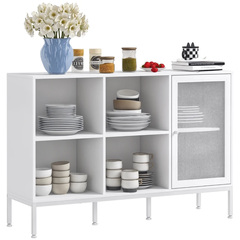 HOMCOM Dulap Modern de Depozitare cu Ușă din Plasă, 4 Compartimente Deschise și Raft Reglabil, 120x37x81.5 cm, Alb