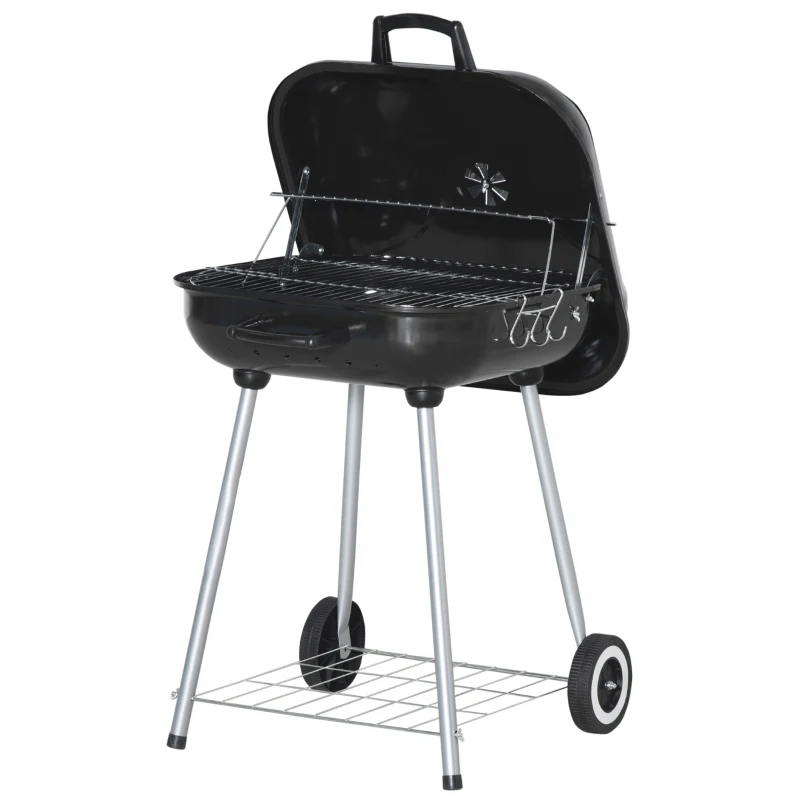 Outsunny Barbecue cu cărbune BBQ cu 2 roți, ustensile, capac și raft dim. 56L x 62l x 82H cm, metal emailat negru