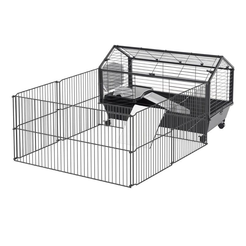 Pawhut Kleintierkäfig mit Freigehege inkl. Zubehör 88 cm x 128,5 cm x 56 cm  4 Rollen Schwarz Metall Polypropylen