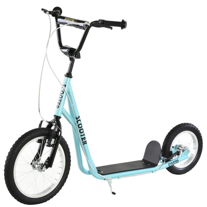HOMCOM Trotinetă patinette cu roți mari pneumatice Ø 40 și 30 cm Înălțime Ghidon reglabil Frână AV/AR cric Oțel, Albastru