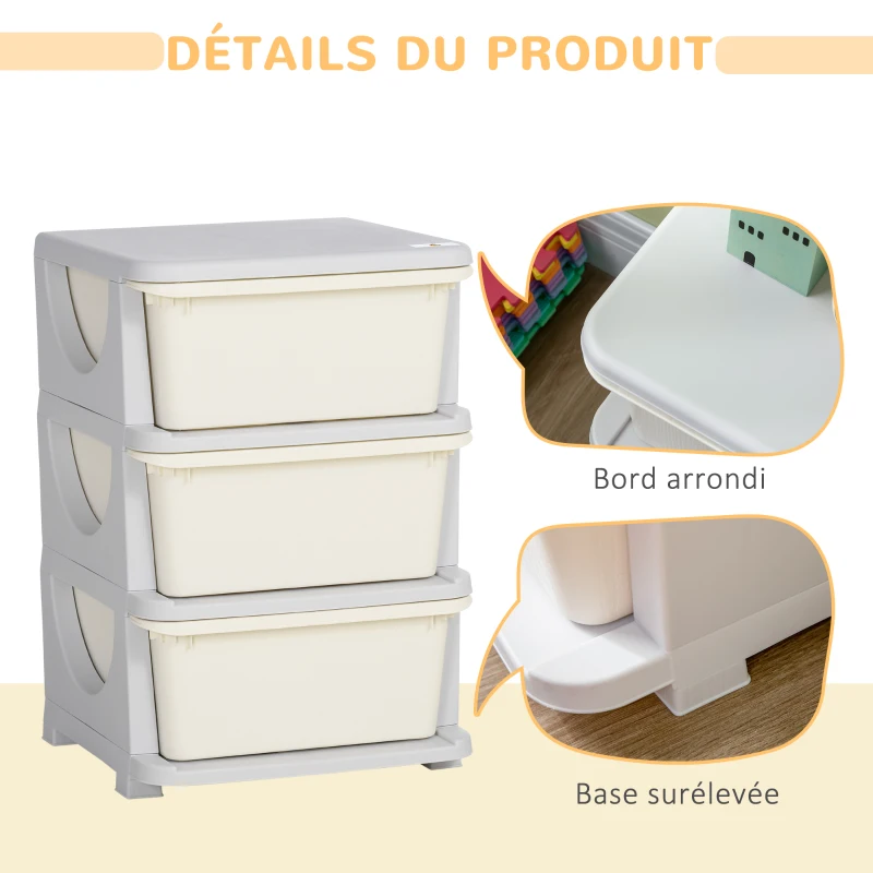 HOMCOM Organisateur de jouets pour enfants avec tiroirs à 3 niveaux, boîtes de rangement en plastique, 37 x 37 x 56,5 cm, crème