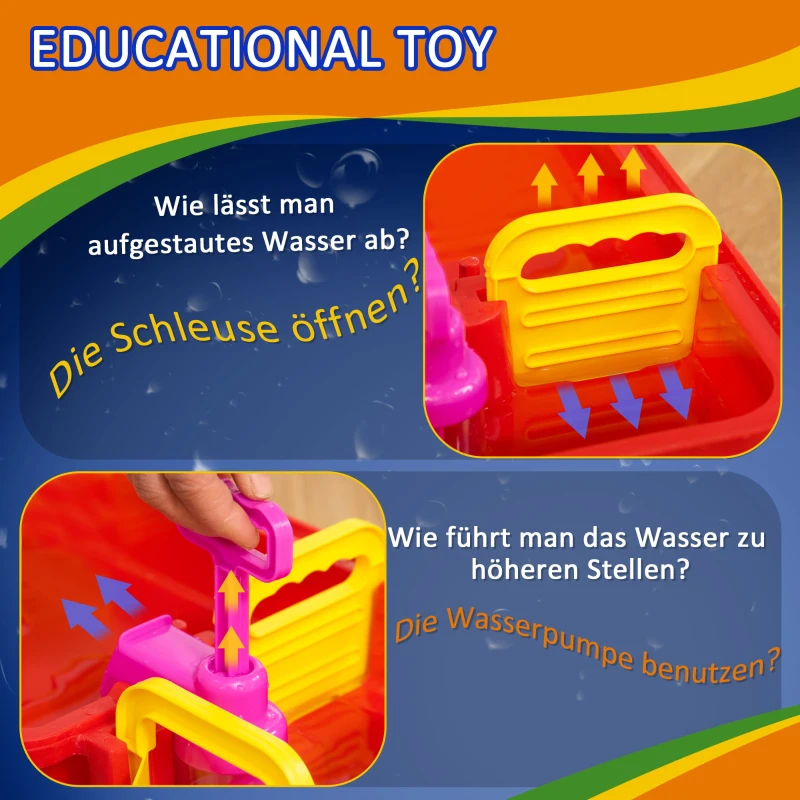 HOMCOM Kinder Wasserstraße Wasserbahnset Spielzeug Wasserspiel 53-teiliges Spielset Lernspielzeug für 3-6 Jahre Garten Outdoor Wassertisch Kinder Wasserspielspaß Kunststoff Blau+Rot 123 x 90 x 7 cm