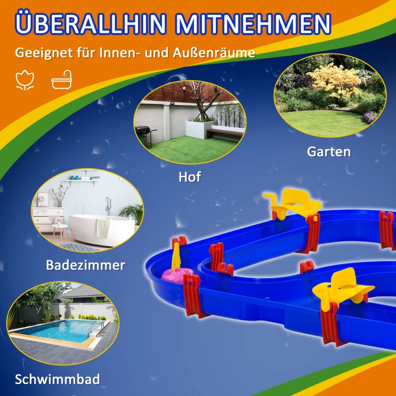 HOMCOM Kinder Wasserstraße Wasserbahnset Spielzeug Wasserspiel 53-teiliges Spielset Lernspielzeug für 3-6 Jahre Garten Outdoor Wassertisch Kinder Wasserspielspaß Kunststoff Blau+Rot 123 x 90 x 7 cm