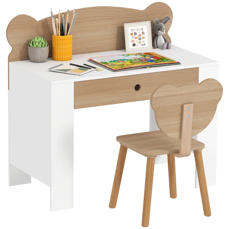 AIYAPLAY Set birou și scaun pentru copii 3-8 ani cu sertar, efect lemn natural