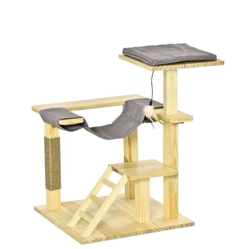 PawHut Árbol Rascador para Gatos de Madera Altura 65 cm con Plataformas Poste de Yute Hamaca Escalera Cojín Extraíble de Tela Oxford y Juguete Colgante para Interior y Exterior Natural