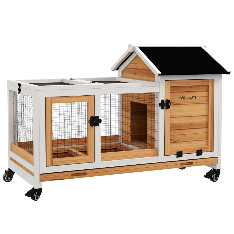 PawHut Tarc pentru iepuri pe roți 2 uși cu zăvoare, 108 x 58 x 73,5 cm lemn masiv galben