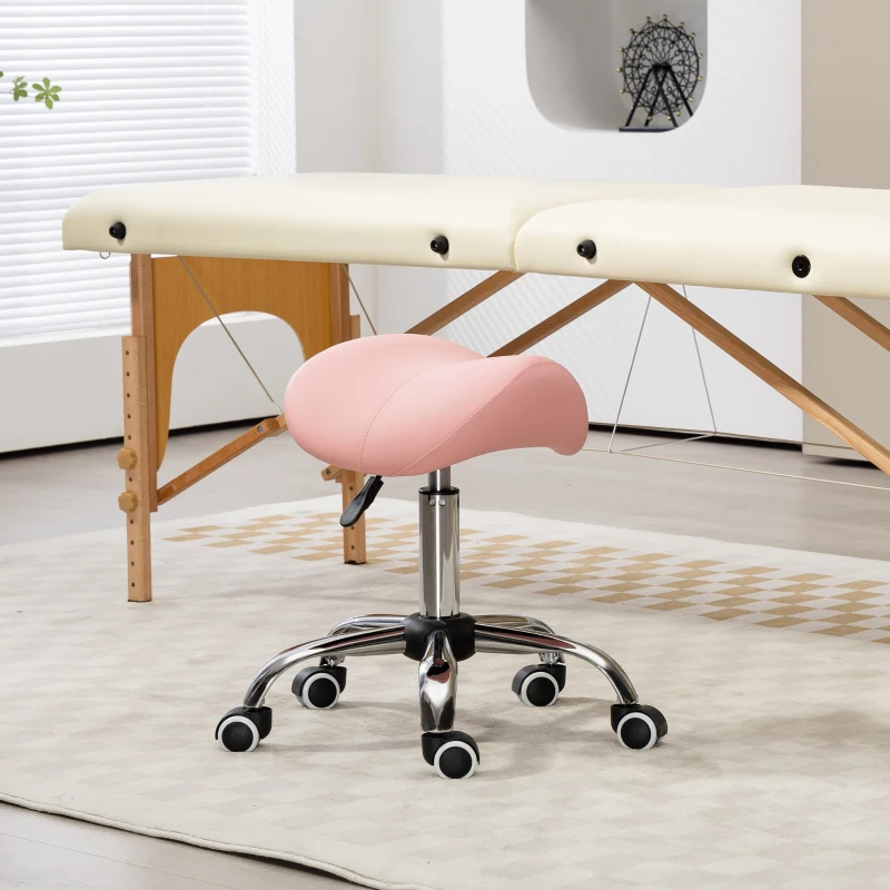 HOMCOM Tabouret à roulettes, chaise de travail avec hauteur réglable 49-61 cm et selle ergonomique, 52x53x49-61cm, rose