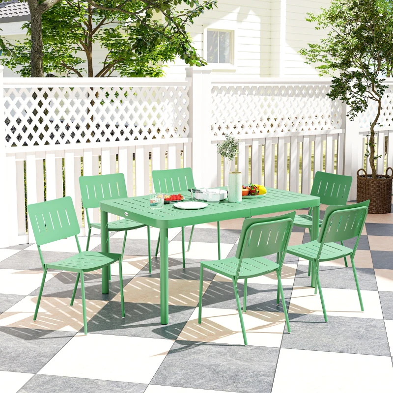 Outsunny Masă de grădină exterioară cu 6 scaune, placă cu lamele 150 cm, structură din oțel rezistent la rugina, verde
