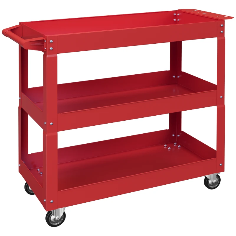 DURHAND Carro de Taller de Acero con 3 Estantes de Almacenamiento y Asa Lateral Carga 150 kg 83x35,3x76 cm Rojo
