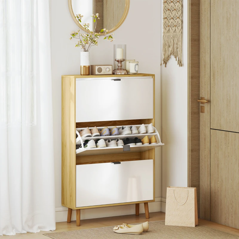 HOMCOM Schuhschrank Slim Moderne mit 3 Klappbare Schubladen für 24 Paar Schuhe, 80x24x127 cm, Glänzendes Weiß