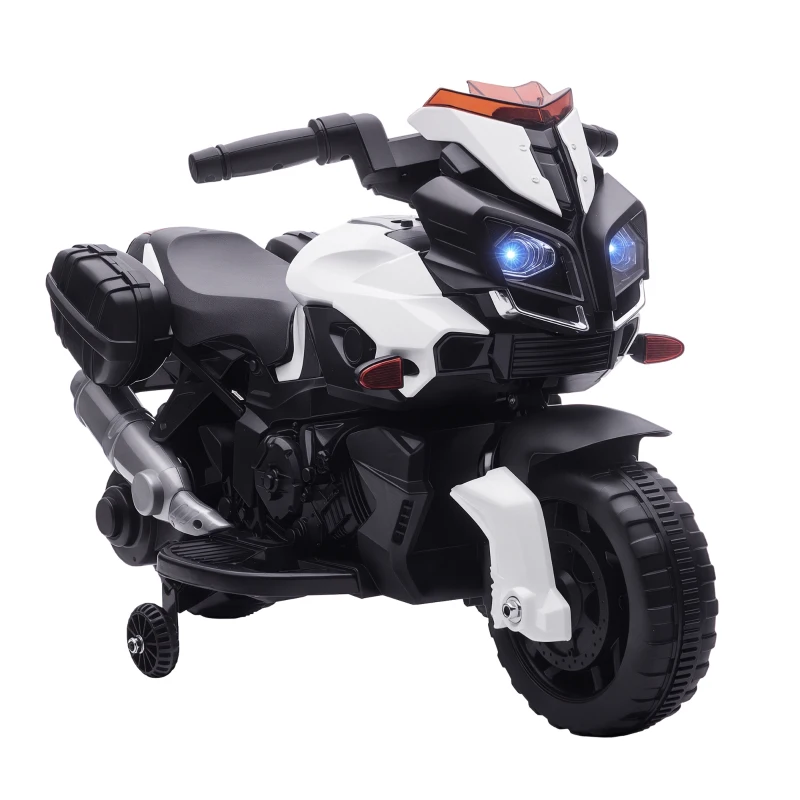 HOMCOM Elektromotorrad Kinderelektroauto Elektro-Kindermotorrad Kinderfahrzeug 6V LED-Licht simuliertes Motorgeräusch Metall+PP Schwarz+Weiß 88,5x 42,5x49 cm