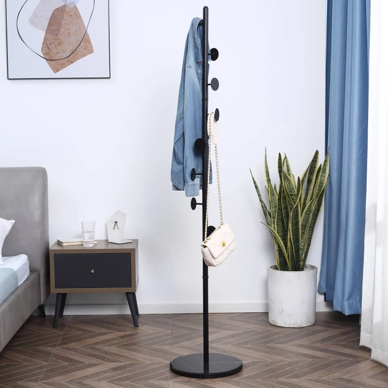 HOMCOM Cuier de Podea cu 8 Carlige, Cuier pentru Intrare si Dormitor din Otel cu Baza din Marmura, 35x35x170cm, Negru