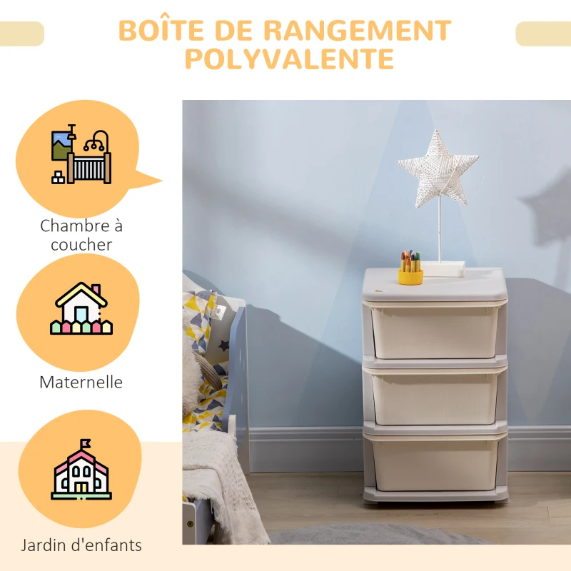 HOMCOM Organisateur de jouets pour enfants avec tiroirs à 3 niveaux, boîtes de rangement en plastique, 37 x 37 x 56,5 cm, crème
