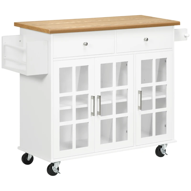 HOMCOM Carro de Cocina con Ruedas Isla de Cocina con 2 Cajones 3 Puertas de Vidrio Templado Toallero 124,5x39,5x90 cm Blanco