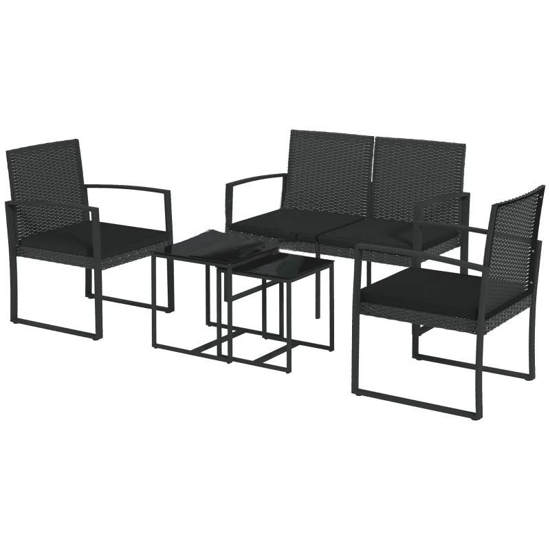 Outsunny Conjunto de Muebles de Jardín de Ratán Sintético con 2 Sofás Individuales 1 Sofá Doble y 2 Mesas de Centro Negro