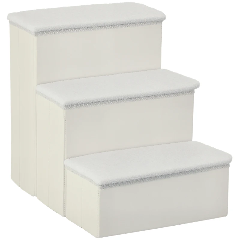 PawHut Haustiertreppe Katzentreppe Hundetreppe Faltbar 3 Stufen Tiertreppe mit Stauraum für Katzen und Hunde MDF Weiß 40 x 54 x 48 cm