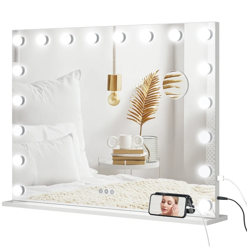 HOMCOM Miroir maquillage lumineux LED intensité réglable miroir grossissant port de charge USB, 80 x 62 cm
