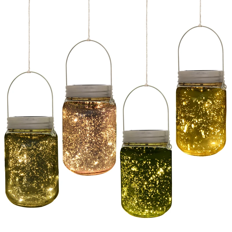 Outsunny Pack of 4 Solar Garden Lights  Glass Jar String Light with Handle Portable LED Multi Color Hanging Lantern Light 6-8 Hours Lighting Ф8cm
