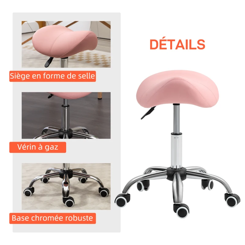 HOMCOM Tabouret à roulettes, chaise de travail avec hauteur réglable 49-61 cm et selle ergonomique, 52x53x49-61cm, rose