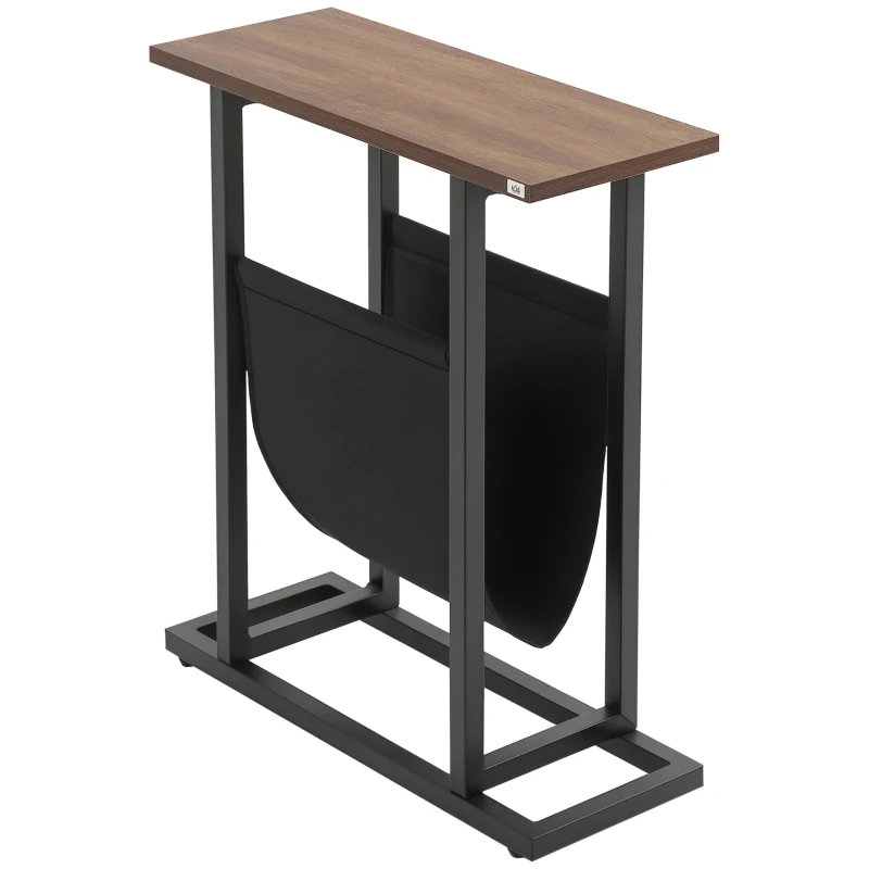 HOMCOM Beistelltisch, Nachttisch, schmales Design, mit Stofftasche, Stahl, dunkelbraun+schwarz, 49 x 19 x 55cm